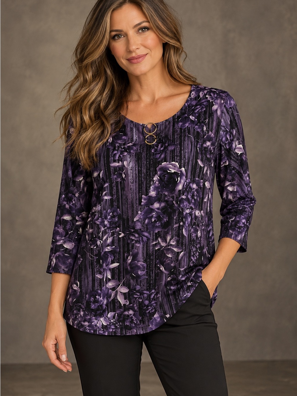 Tanjay | Purple Floral Print 3/4 Sleeve Top with Gold Ring Detail M | NWT